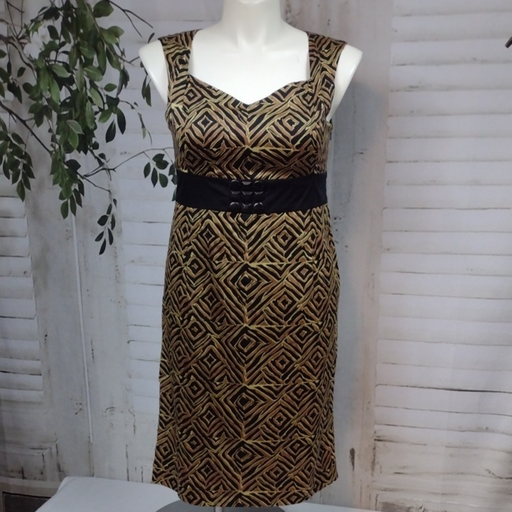 Liz Claiborne Axcess Black and Tan Midi Dress with Beading Size L